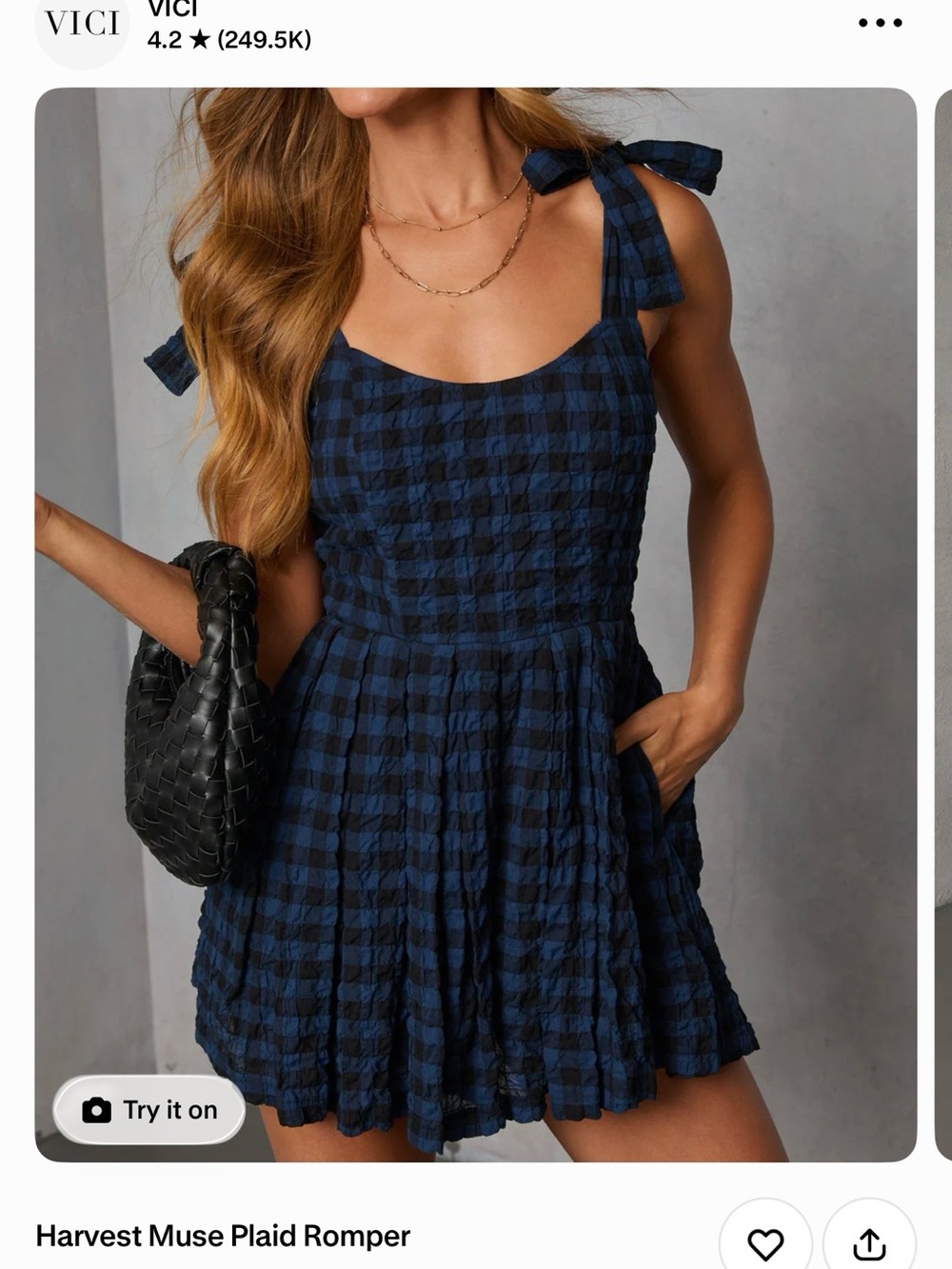 Vici Navy and Black Plaid Tie-Shoulder Romper
